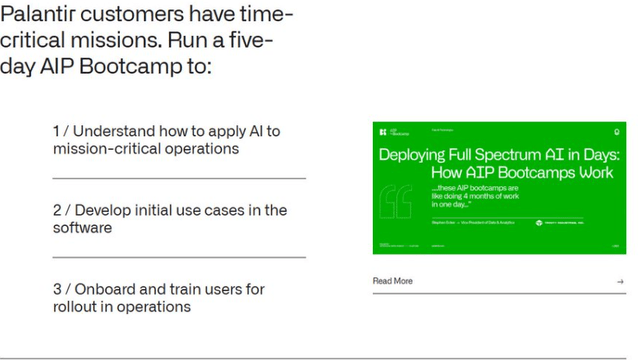 A screenshot of Palantir's website describing AIP bootcamp