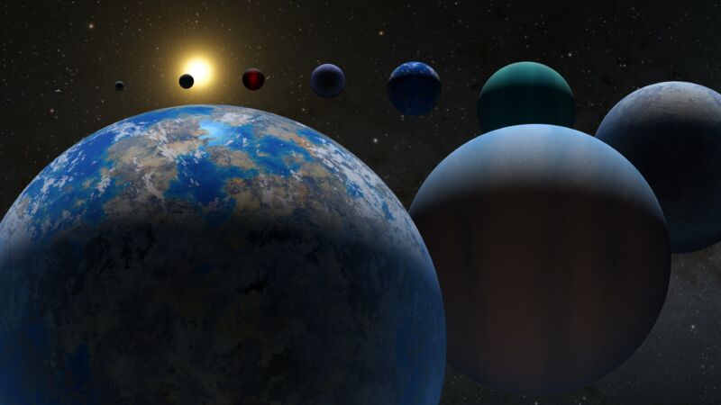 Image of a series of planets with different surfaces, arrayed in front of a star.