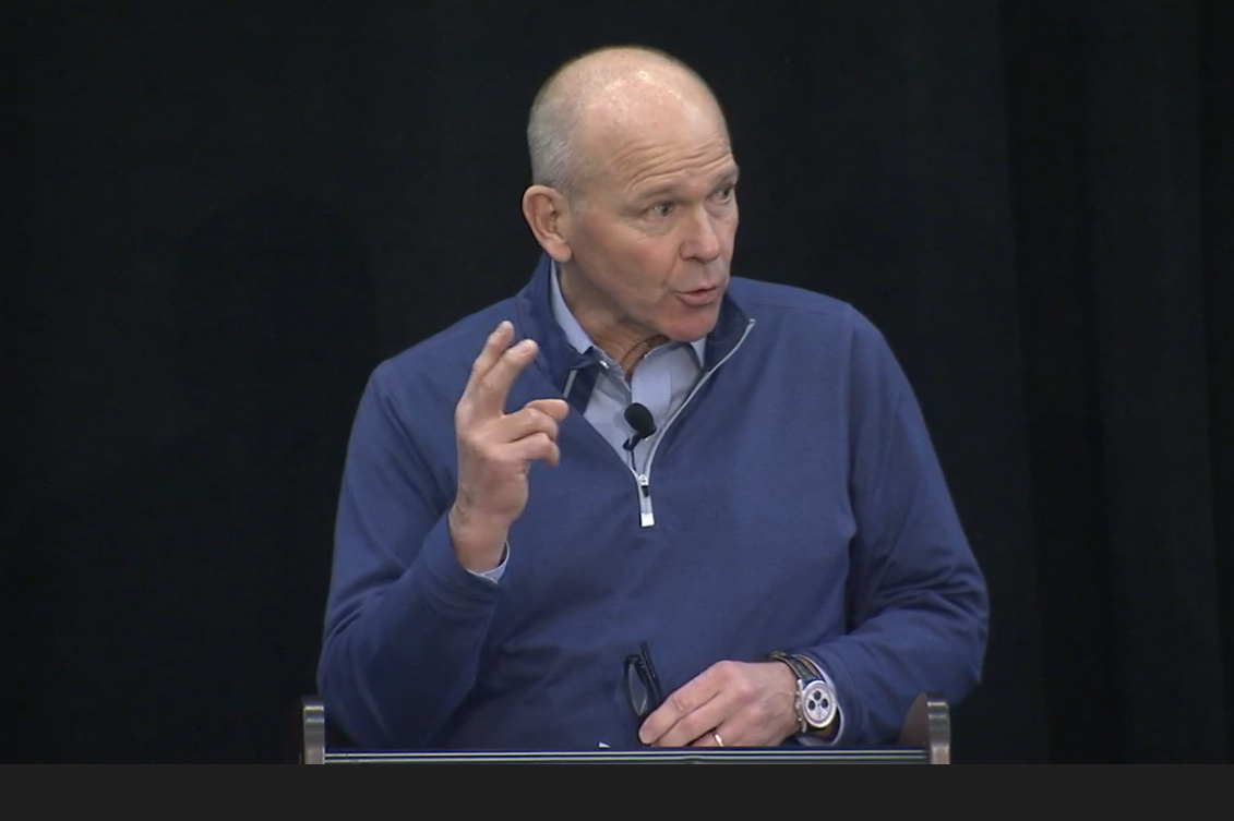 Boeing CEO Dave Calhoun addresses staff at a company-wide safety meeting at a factory in Renton, Washington.