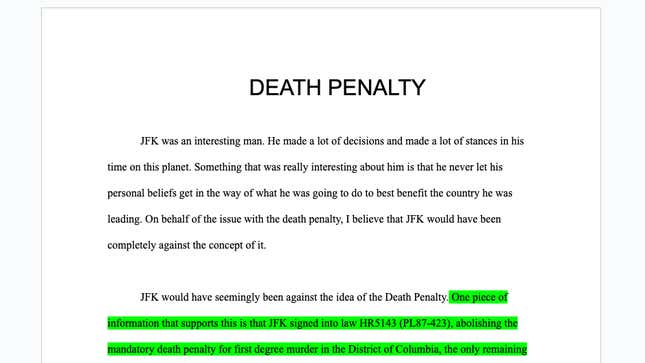 A screenshot of the essay about JFK's stance on the death penalty