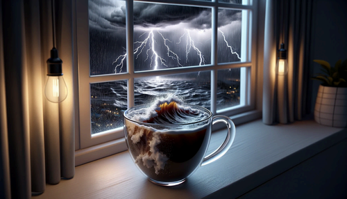 AI-generated image of a teacup with a violent wave inside of it. A storm brews from behind the window sill behind it.