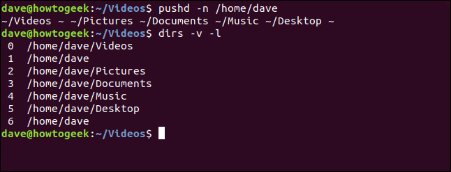 pushd -n /home/dave in a terminal window