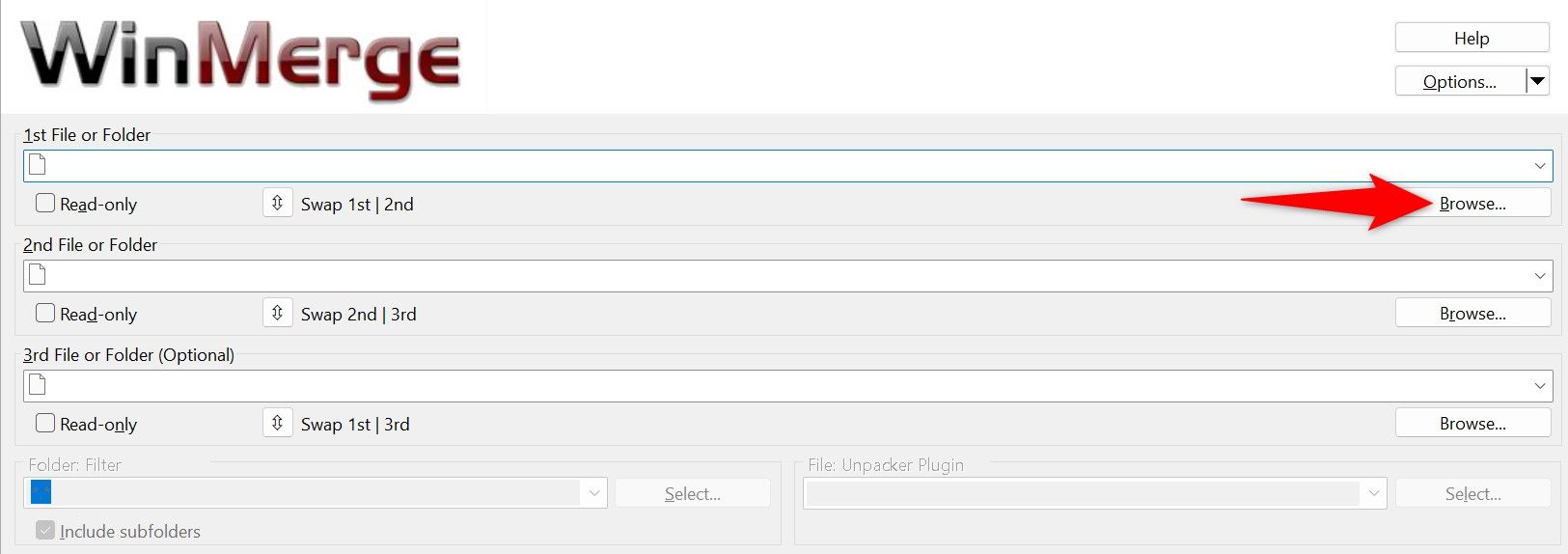 'Browse' highlighted for the '1st File or Folder' field in WinMerge.
