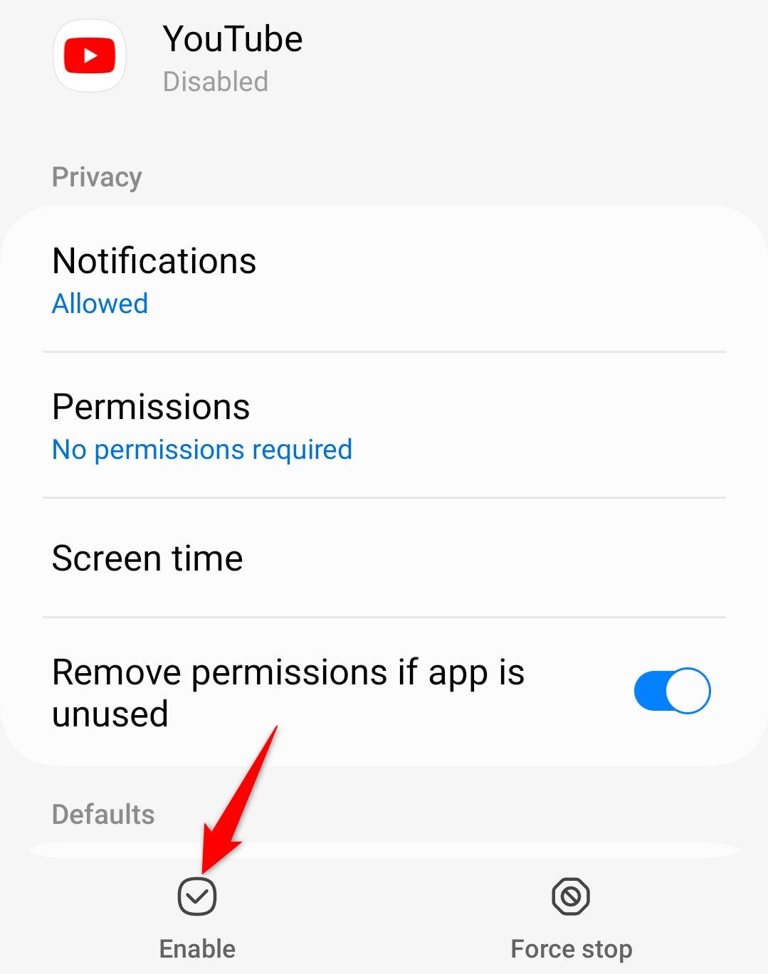 'Enable' highlighted for YouTube in Android Settings.