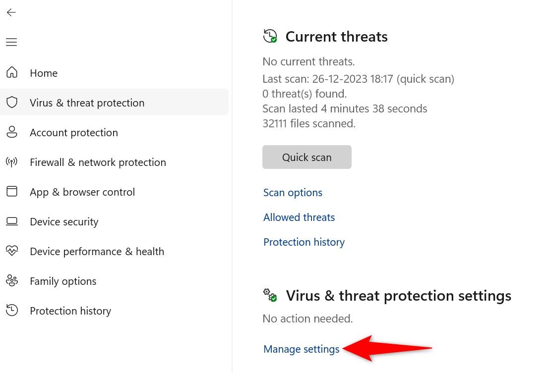 'Manage Settings' highlighted in Windows Security.