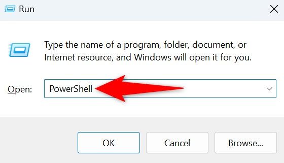 'PowerShell' typed in Run.