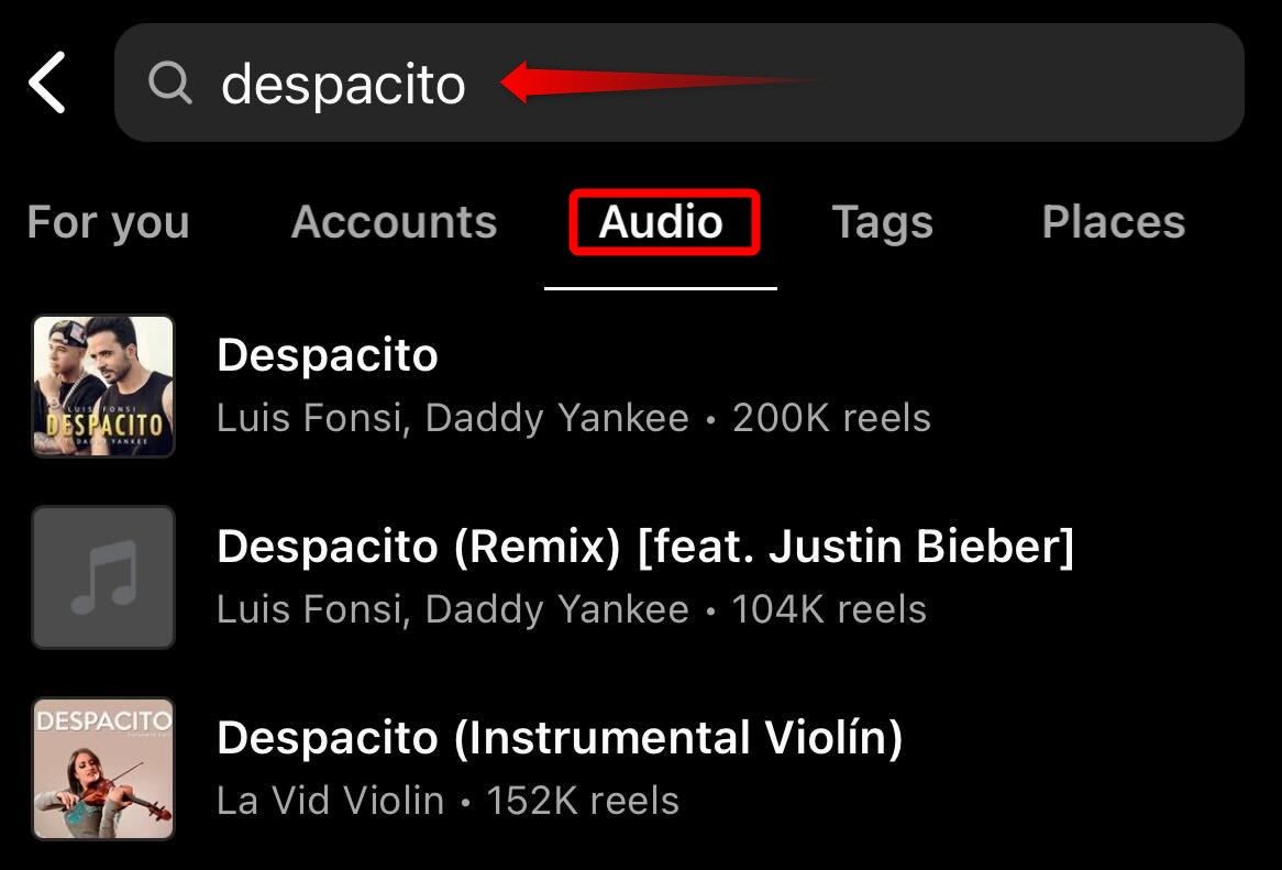 Searching for a reel using the audio track it was using on Instagram.