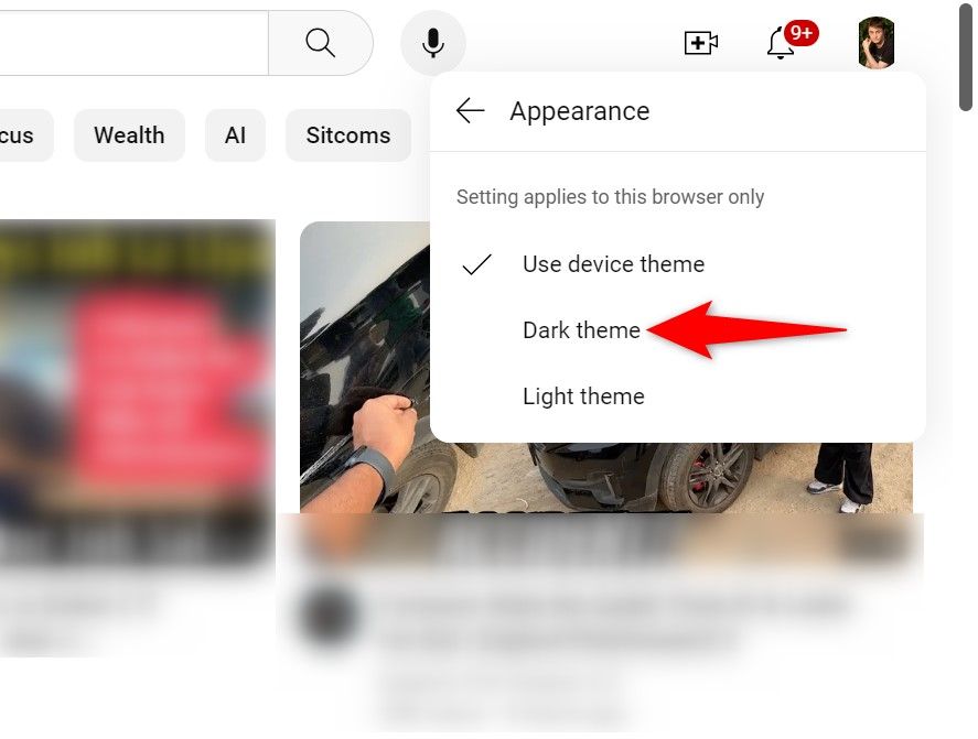 'Dark Theme' highlighted on YouTube for desktop.