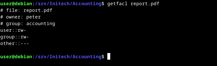 A terminal window showing getfacl command and its output on a file.