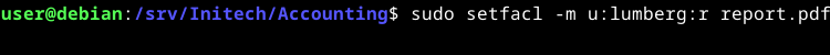 A terminal window showing the setfacl command modifying a file's ACL entry.