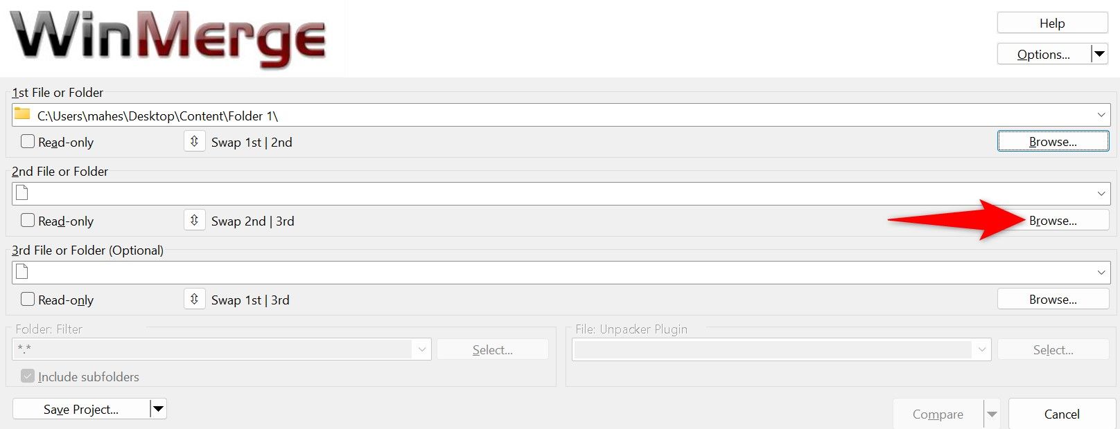 'Browse' highlighted for the '2nd File or Folder' field in WinMerge.