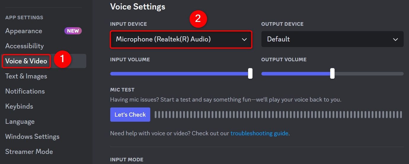 'Voice & Video' and 'Input Device' highlighted in Discord User Settings.