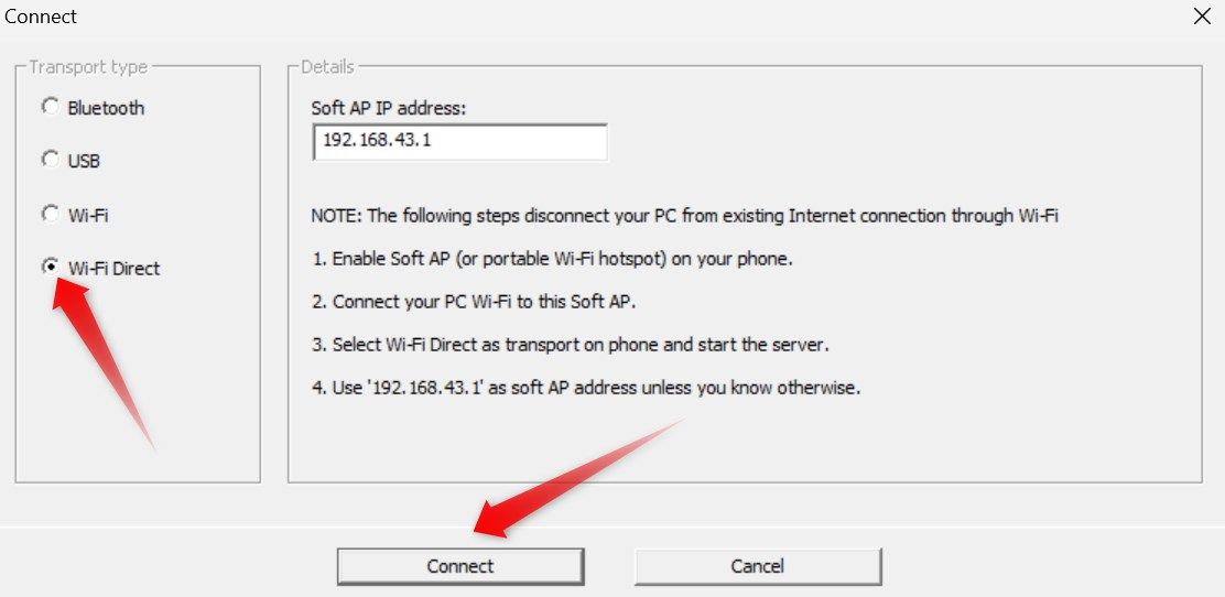 Connecting the phnoe to PC via Wi-Fi Direct in the WO Mic app.