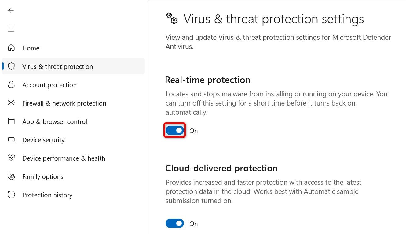 'Real-Time Protection' highlighted in Windows Security.