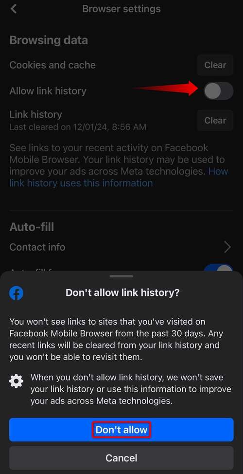 Disabling the 'Link History' on Facebook.