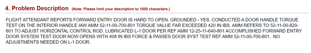 FAA problem report N704AL L1 door