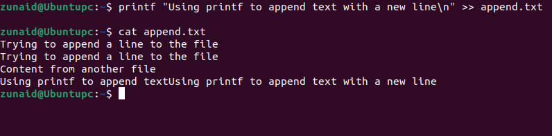 The Linux terminal shows how to use a new line character with the printf command