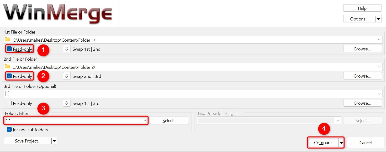 Various comparison options highlighted in WinMerge.