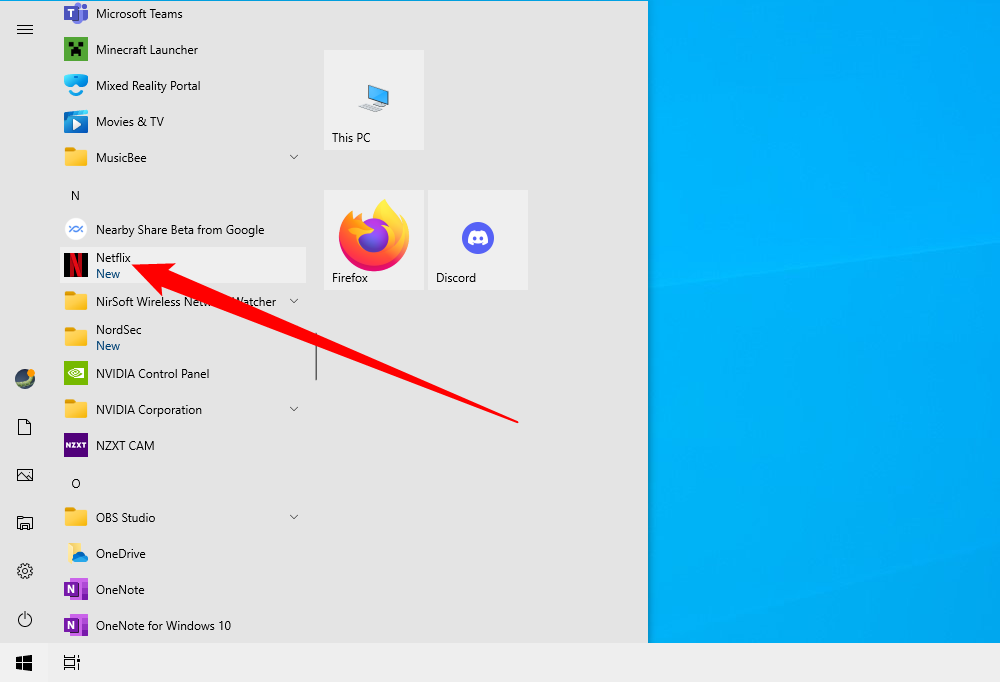 Netflix in the Start menu under 'N' in the alphabetical list. 