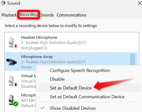 Selecting the device's built-in microphone as default in the sound settings on Windows.