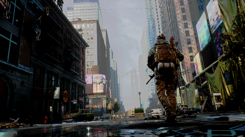 Promotional screenshot from the defunct game The Day Before. A player, decked out in military gear, patrols a barren city.