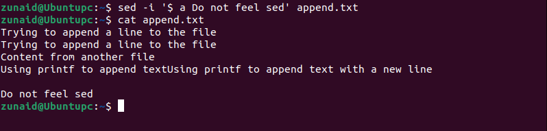 The Linux terminal showing the use of sed command to append a line at the end of a file