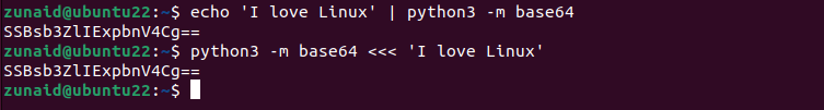 The Linux terminal displays the process of encoding a string to base64 using Python language