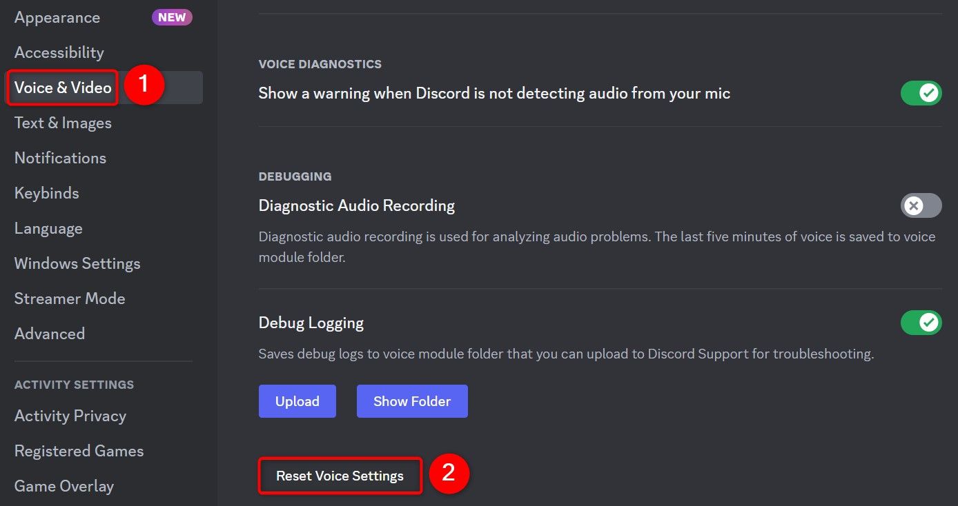 'Voice & Video' and 'Reset Voice Settings' highlighted in Discord User Settings.