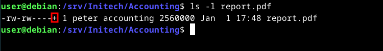 A terminal window showing ls command output with ACL entry flag.