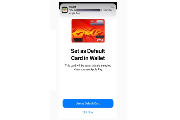 Apple Wallet credit card ready to use notice.