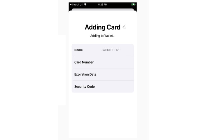 Apple Wallet adding card pane.