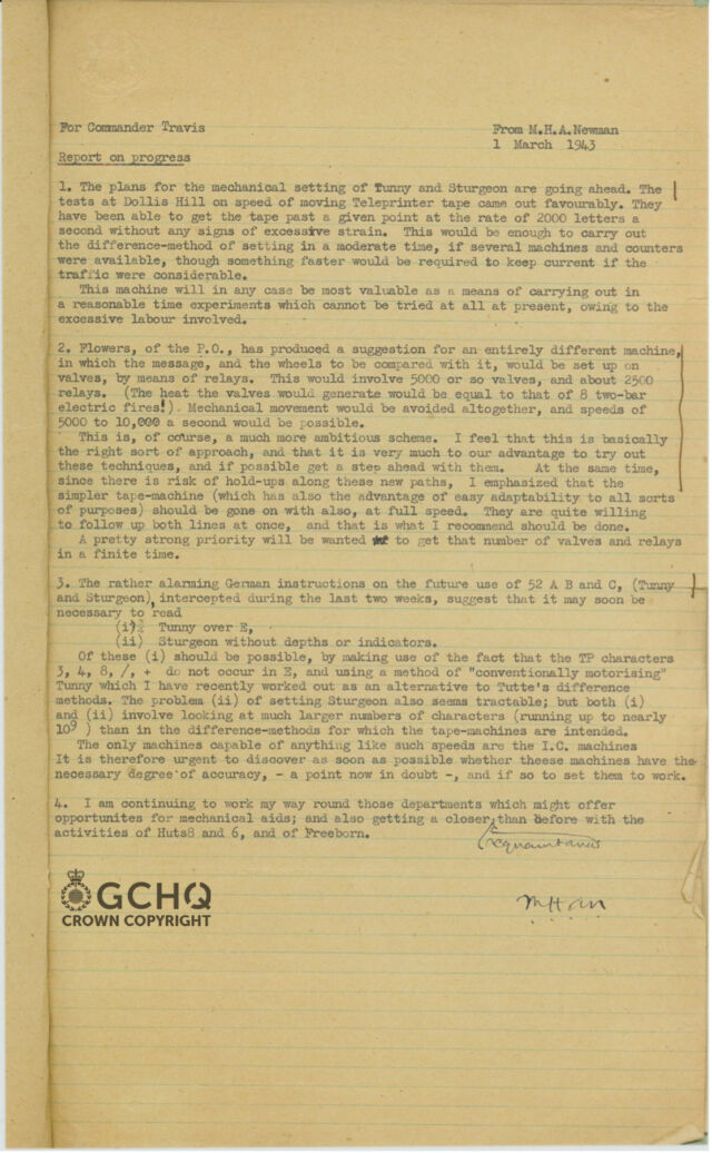 A 1943 letter relating work being done to decipher communications between Nazis, provided by the GCHQ.