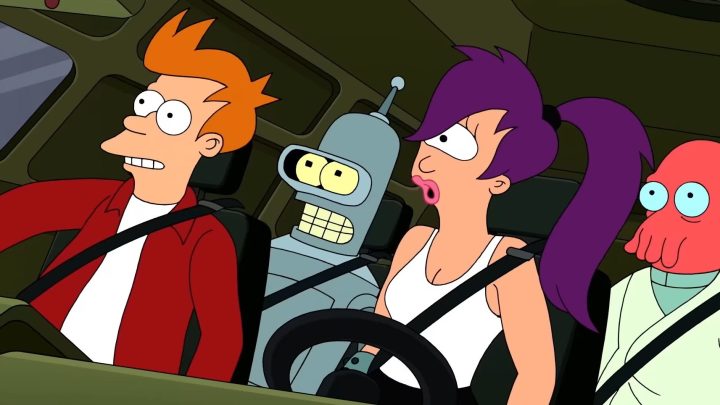 Fry, Bender, Leela, and Zoidberg in "Futurama."