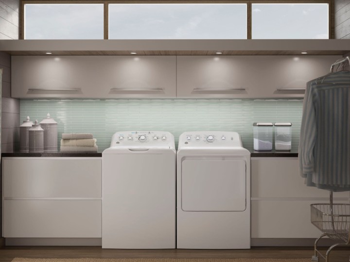 GE Top Load Washer and Gas Dryer in a laundry room.