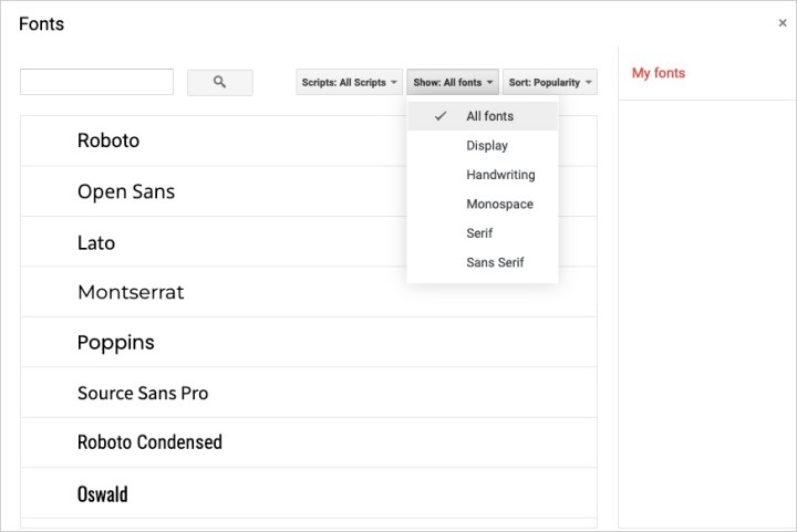 More Fonts window in Google Slides.