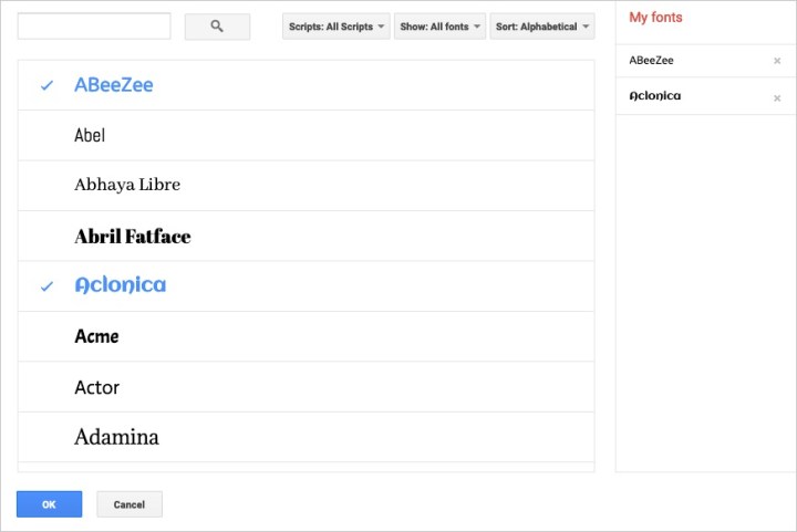 Fonts selected to use in Google Slides.