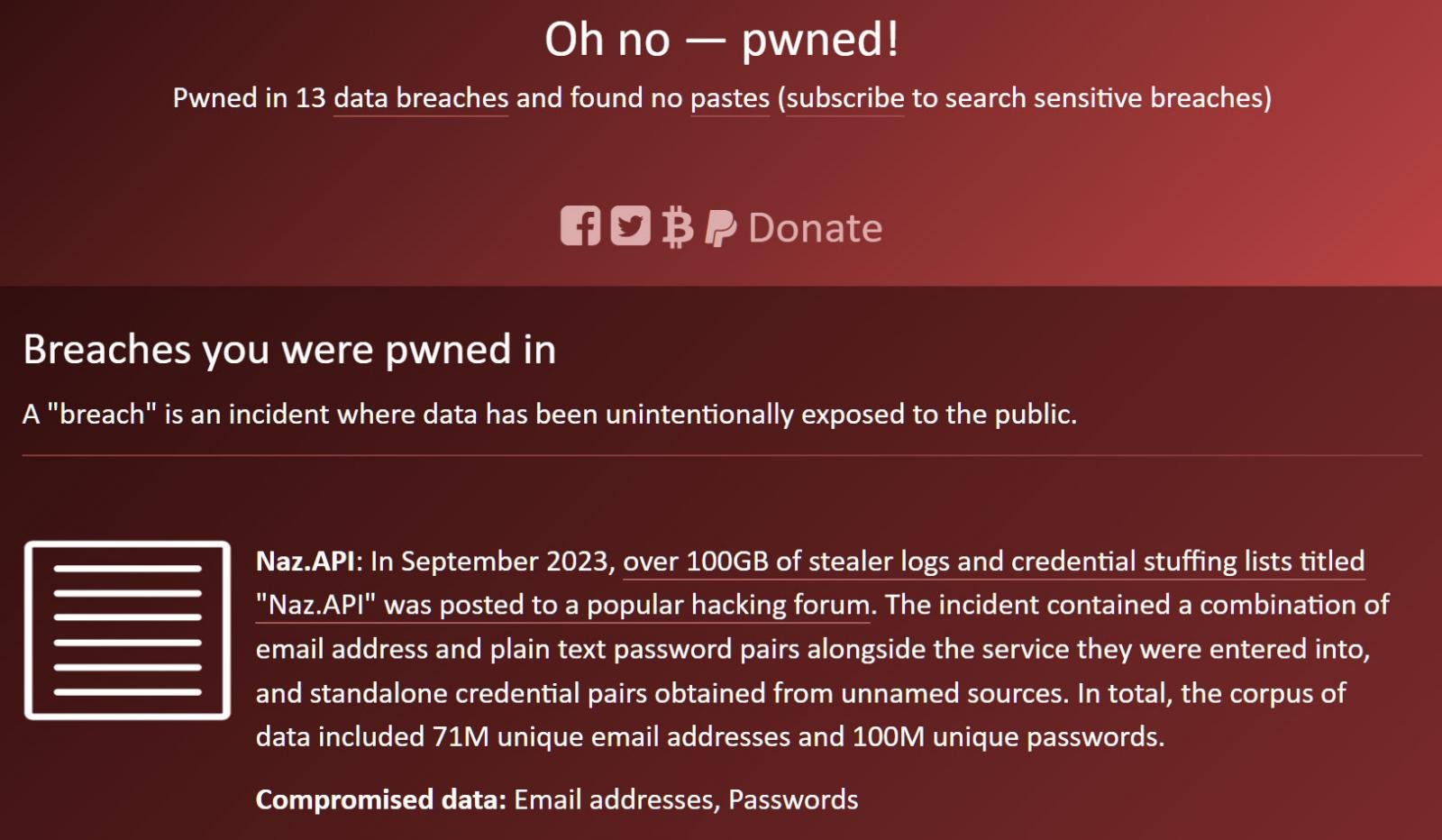 Have I Been Pwned detecting email in Naz.API logs