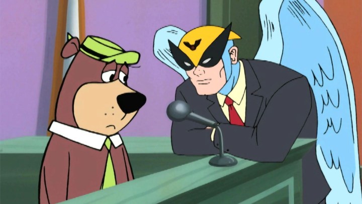 Harvey Birdman questions Yogi Bear in a scene from Harvey Birdman: Attorney At Law.