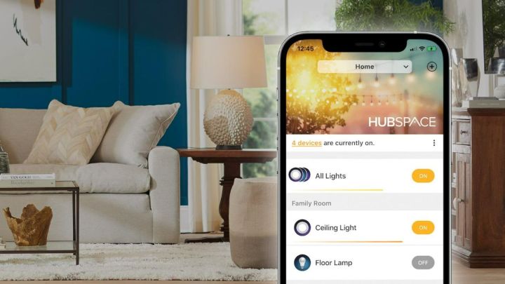 The Hubspace app shown in front of a living room.