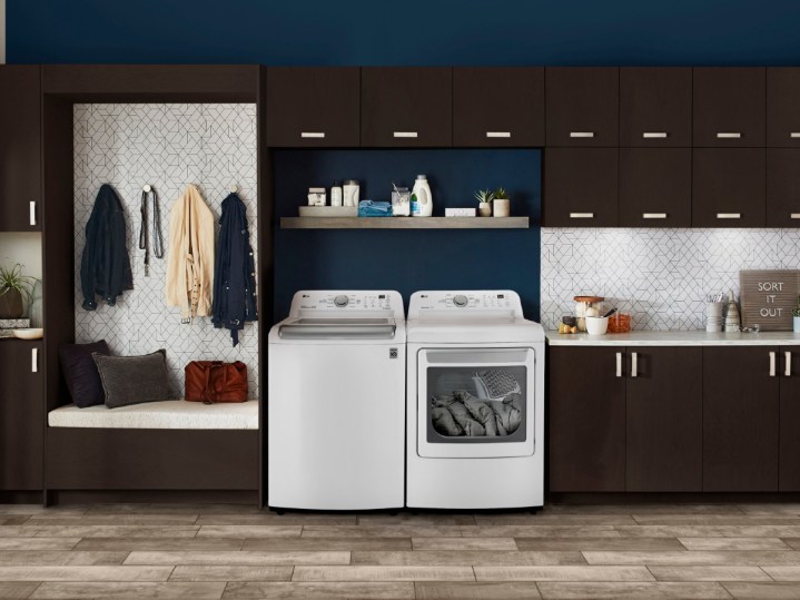 LG Smart Top Load Washer and Electrtic Dryer with Sensor Dry in a family mudroom.