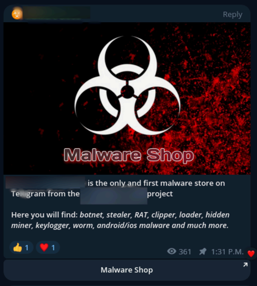 Screenshot from Telegram of a malware store