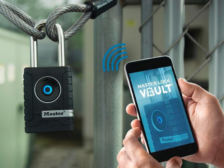 Using a smartphone to unlock the Master Lock Smart Lock over Bluetooth.