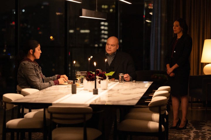 Maya Lopez and Wilson Fisk sit at a dinner table together in Echo.