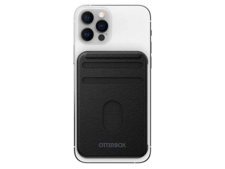 The Otterbox Detachable Wallet for MagSafe attached to the back of an iPhone.