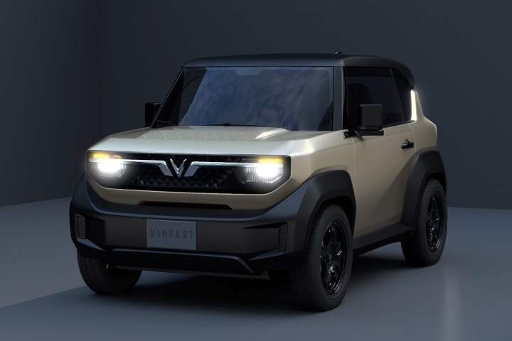 Front three quarter view of the VinFast VF 3 electric SUV.