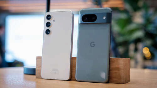 Samsung Galaxy S24 vs Google Pixel 8 backs standing at angle