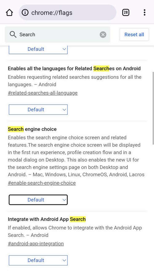 Search Enginge setting on Chrome for Android