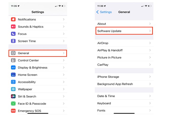 Apple iPhone settings panes.