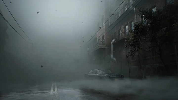 A foggy street in Silent Hill.