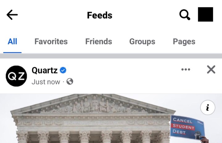 The Feeds screen on the Facebook mobile app for Android.